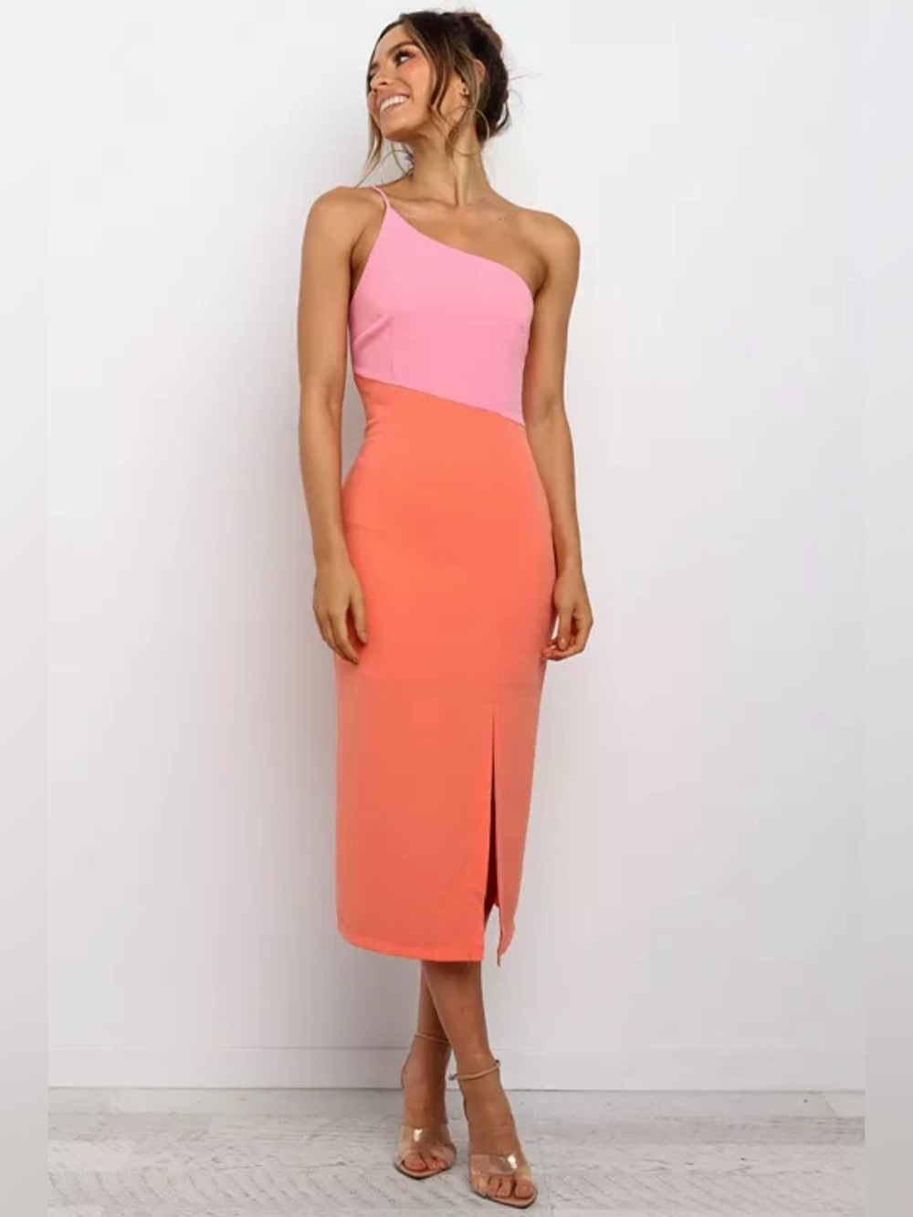 Petal & Pup Xiomar One-Shoulder Dress, vibrant pink and orange colorblock, Size8